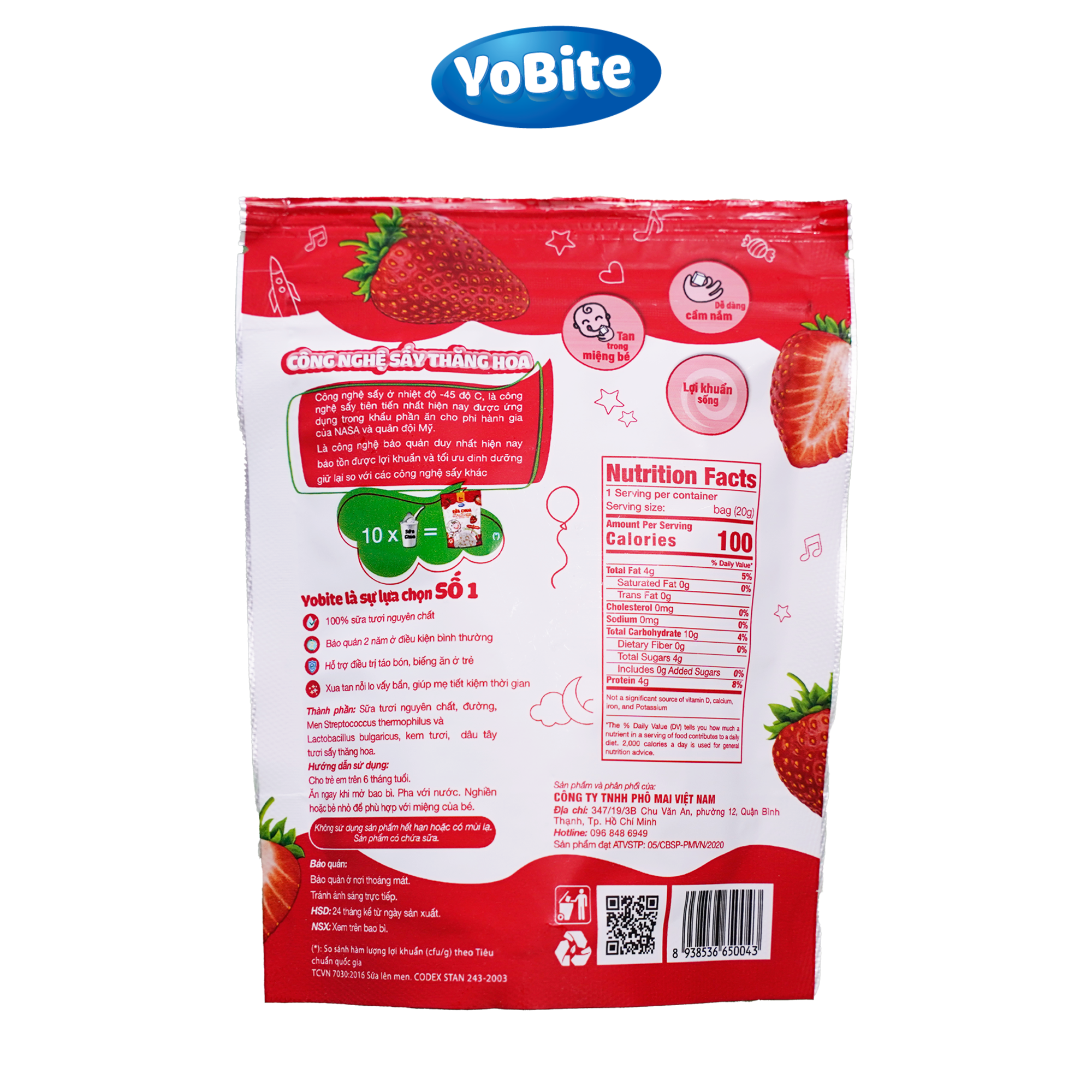  Sữa Chua Sấy Khô Cho Bé - YoBite Kids - Vị Dâu Tây - 20gr - Túi Zip 